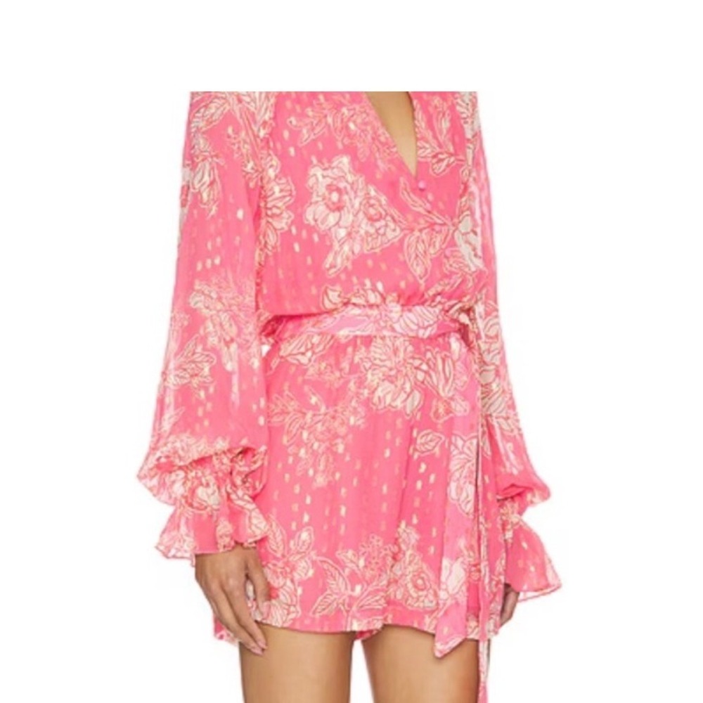 Hemant and Nandita Pink Floral Gold Lurex Long Sleeve Romper Boho Mini Dress L - Picture 2 of 10